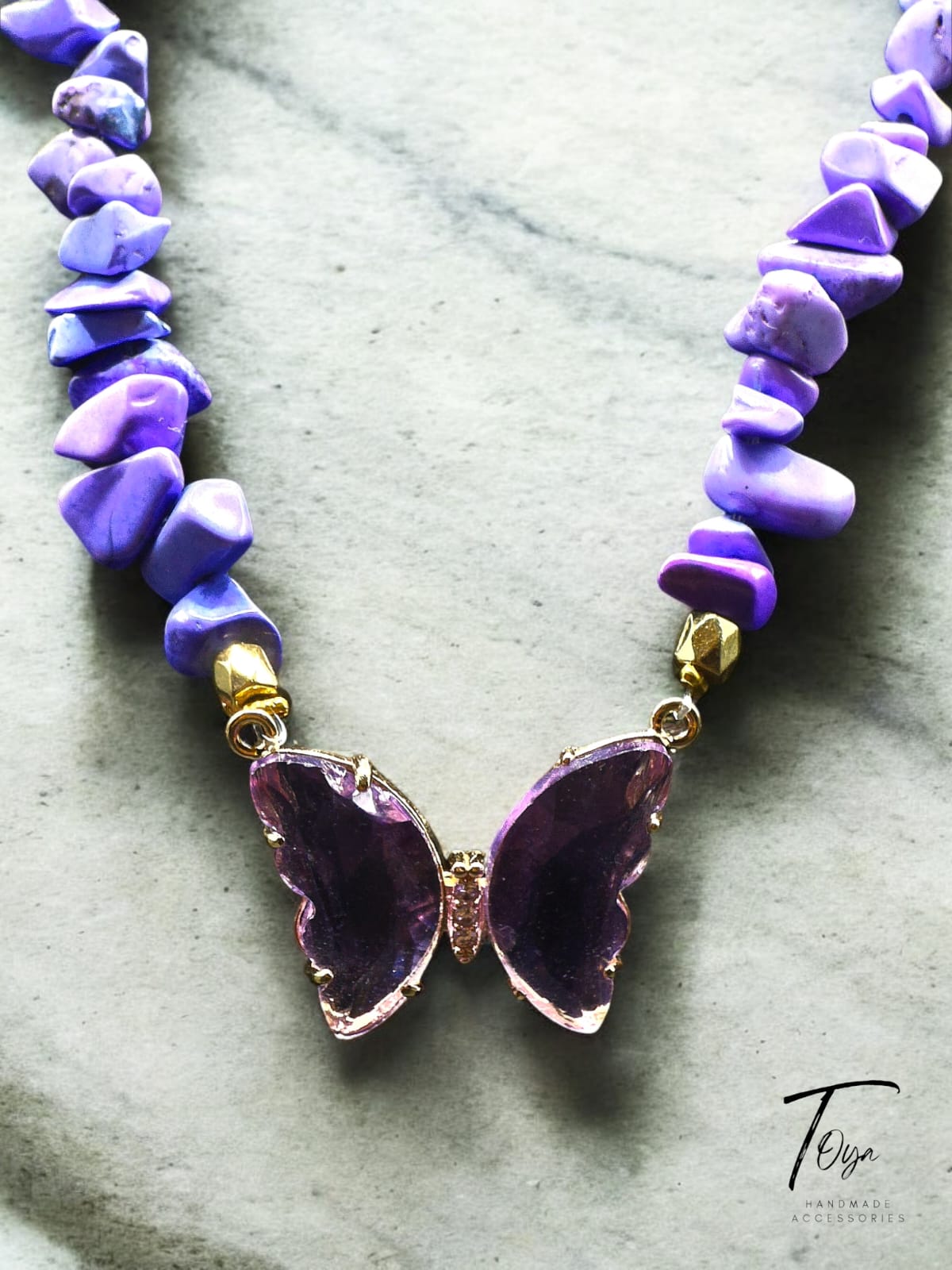 Broken Sea Shell with Purple Crystal Butter Fly Charm Necklace for Women