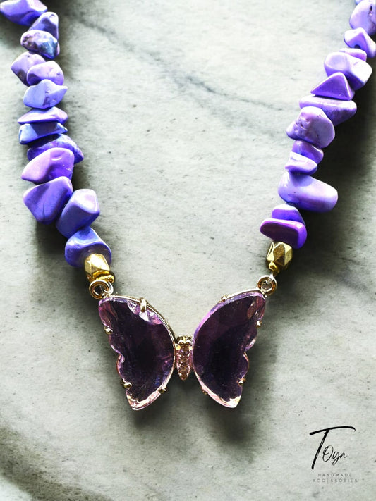 Broken Sea Shell with Purple Crystal Butter Fly Charm Necklace for Women