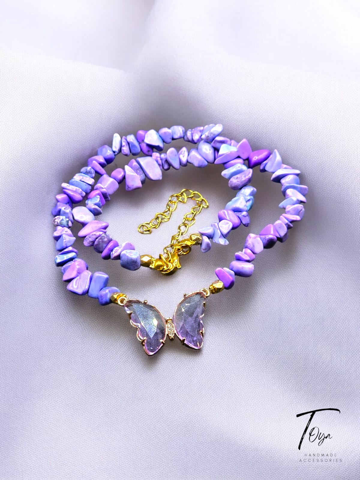 Broken Sea Shell with Purple Crystal Butter Fly Charm Necklace for Women