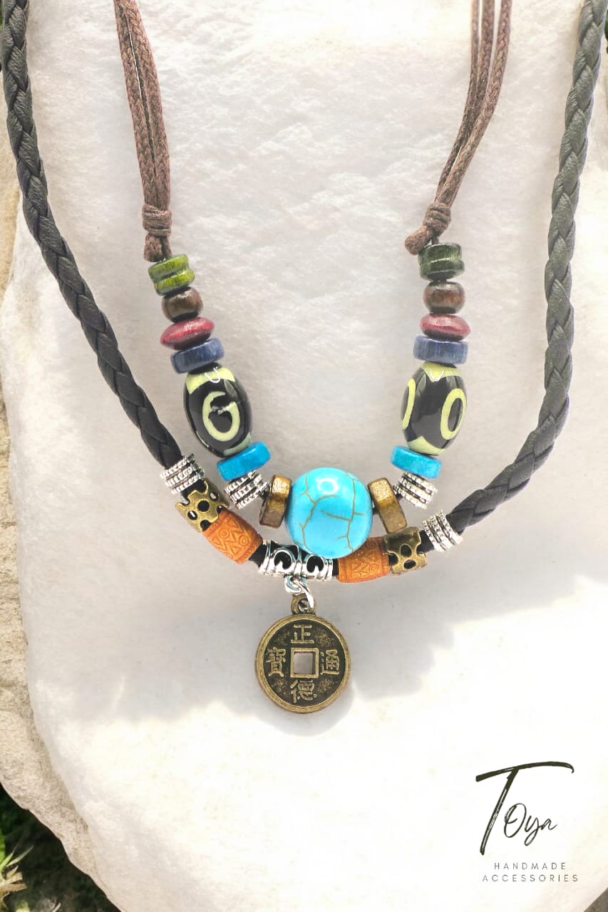 Personalized Leather Double-layer Wooden Beads Necklace Adjustable Vintage Turquoise Coin Pendant Necklace for Women and Men