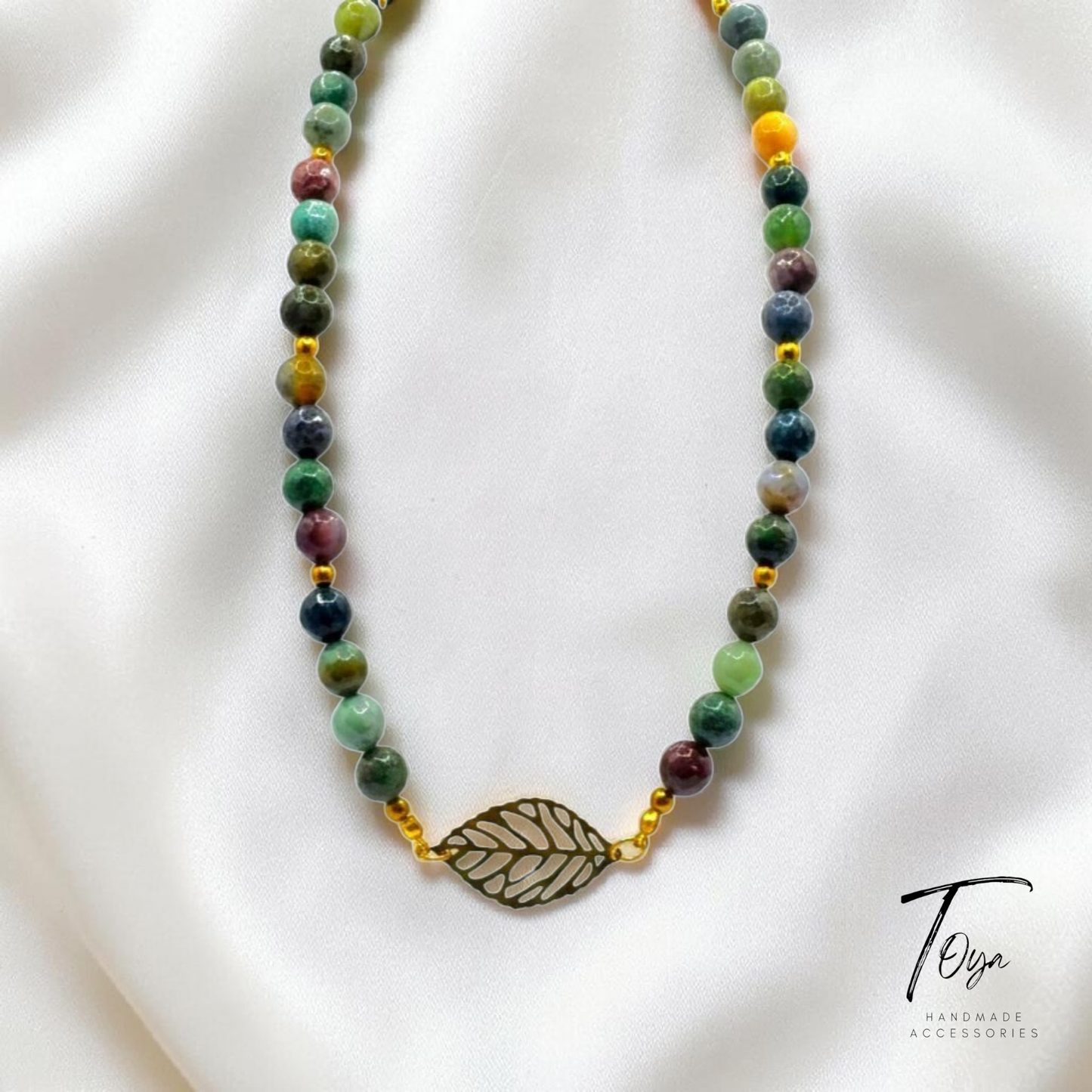 Luxury Agate African Boho color with Hematite Spacers and Metal Leaf charm Necklace for Women