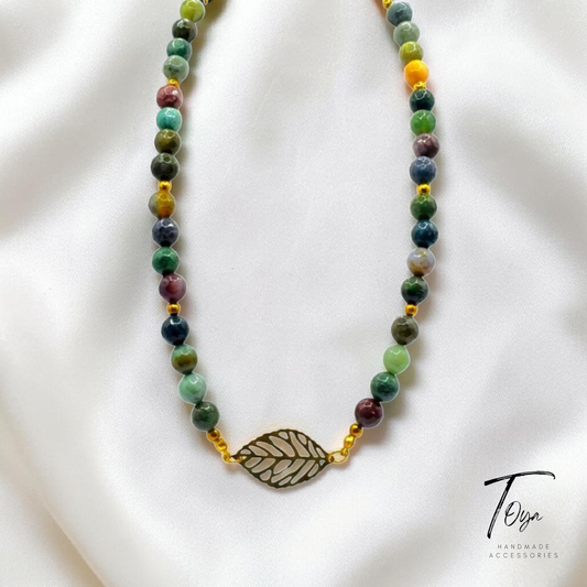 Luxury Agate African Boho color with Hematite Spacers and Metal Leaf charm Necklace for Women