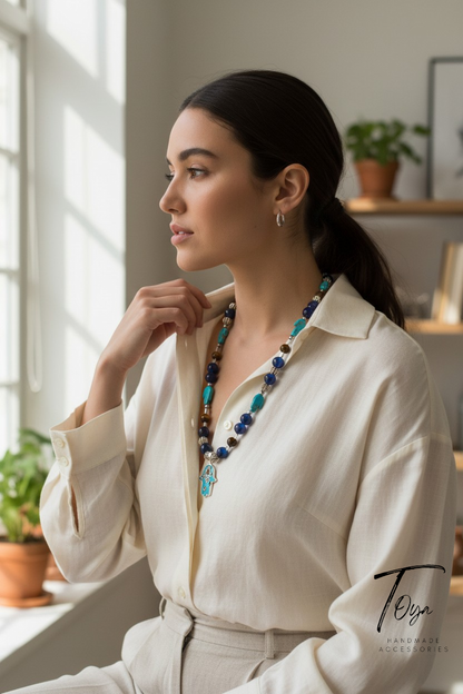 Oriental style Necklace of Alabaster, Tiger Eye, Turquoise, Hematite and Protective "Hamsa" charm Necklace for Women
