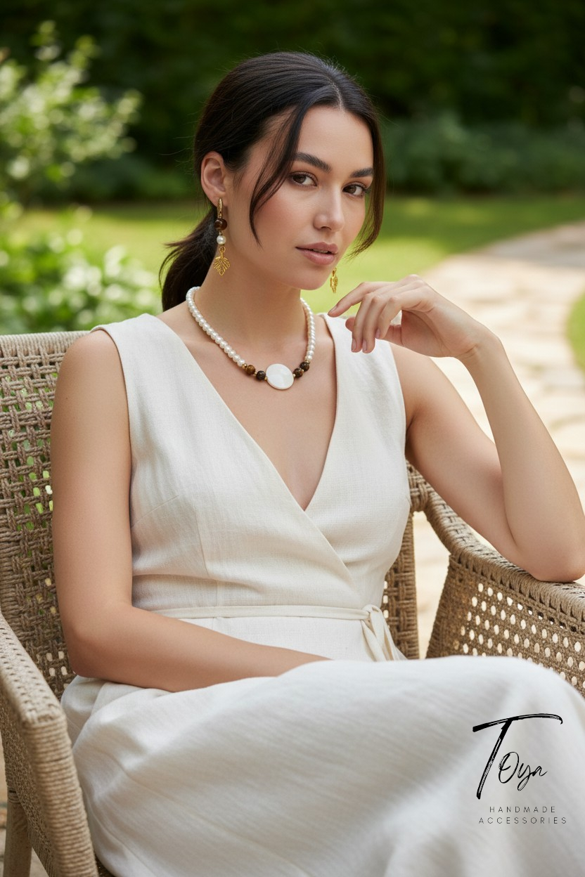 Classic Pearl, Tiger Eye and Sea shell charm Necklace and Earring Set for Women
