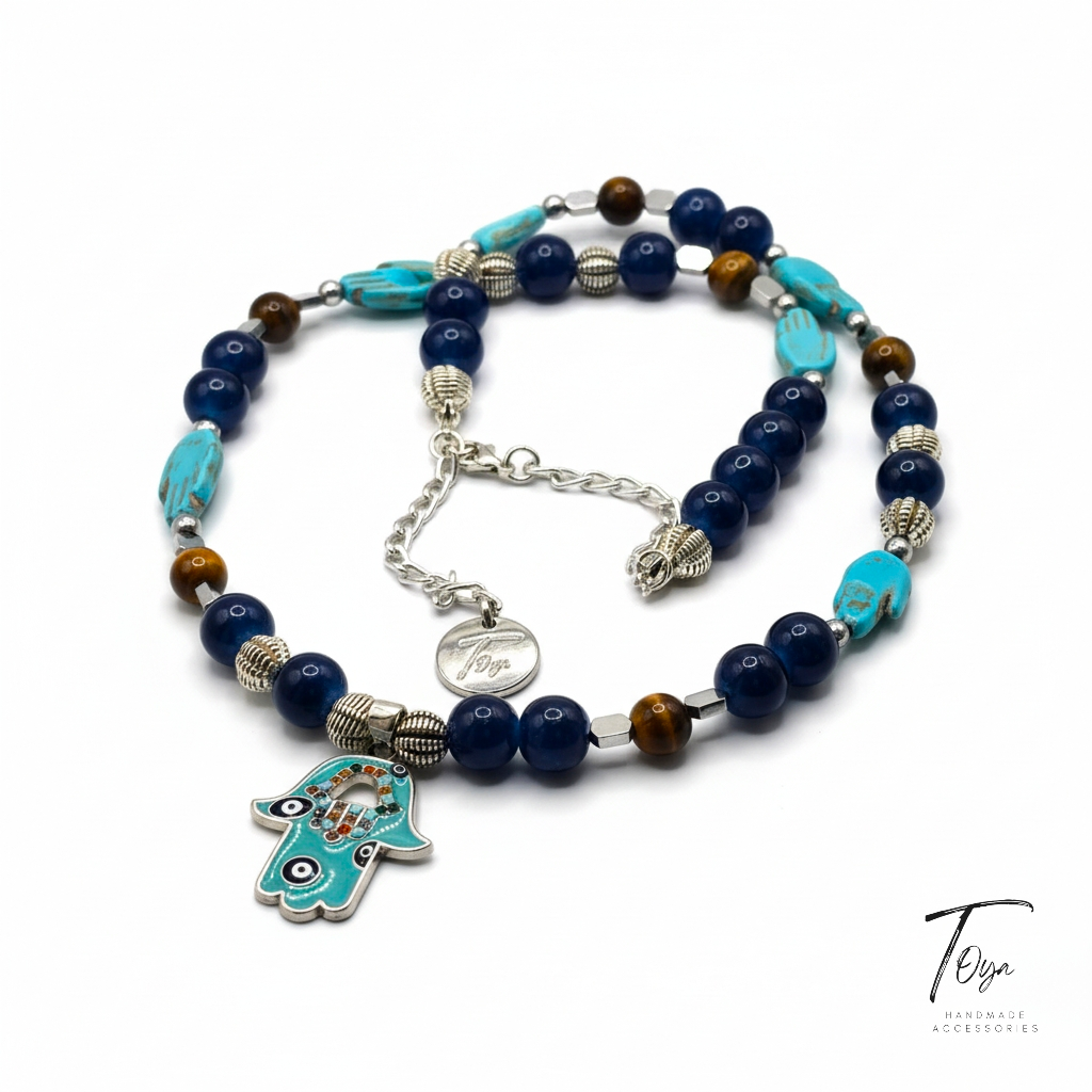 Oriental style Necklace of Alabaster, Tiger Eye, Turquoise, Hematite and Protective "Hamsa" charm Necklace for Women