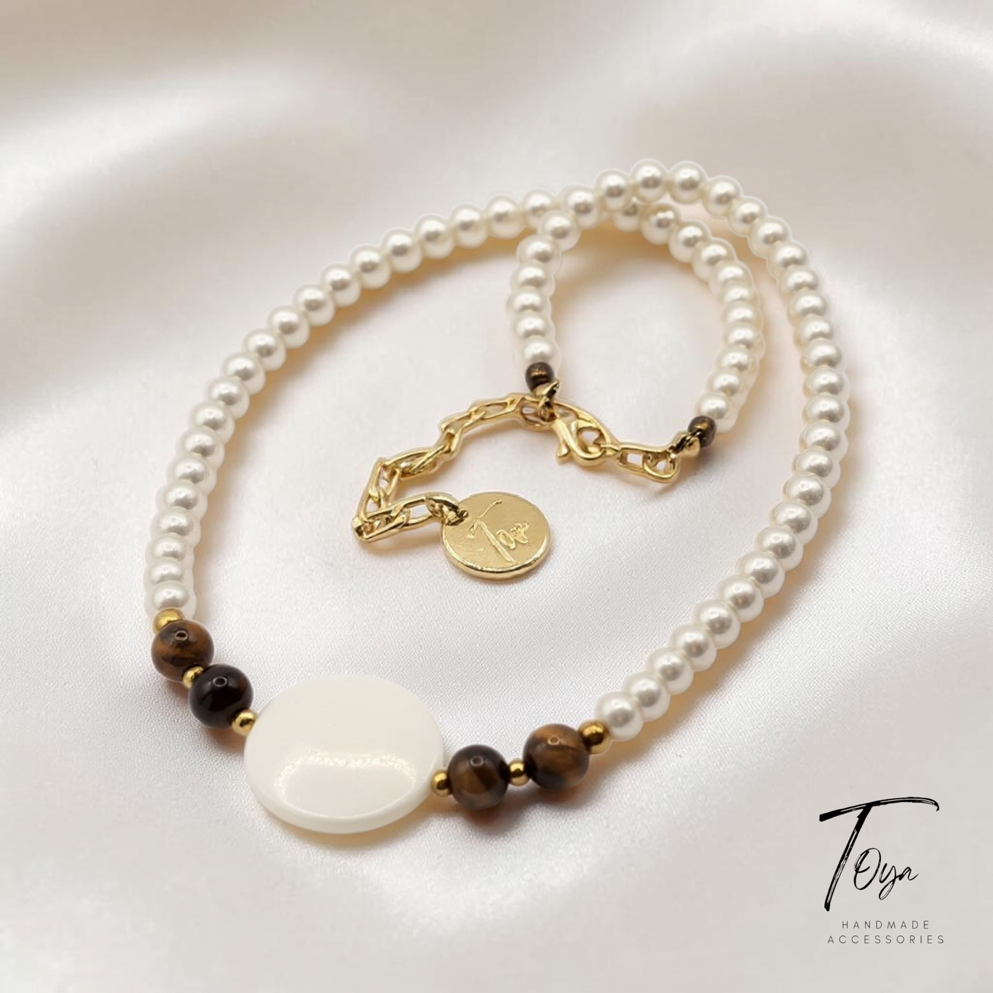Classic Pearl, Tiger Eye and Sea shell charm Necklace and Earring Set for Women