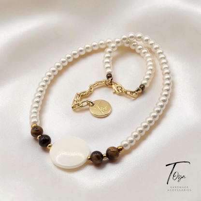 Classic Pearl, Tiger Eye and Sea shell charm Necklace and Earring Set for Women