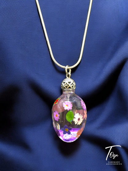 Sterling silver chain with Colorful Flowers Resin Pendnat Necklace for Women and Girls