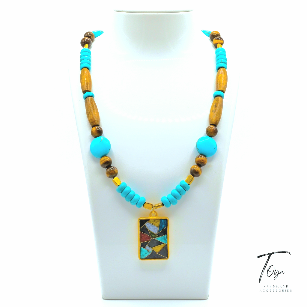 Tiger Eye, Turquoise and Wooden Beads with Resin Mosaic Pendant  Necklace for Women