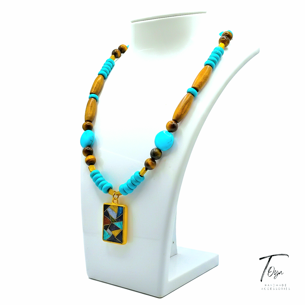 Tiger Eye, Turquoise and Wooden Beads with Resin Mosaic Pendant  Necklace for Women