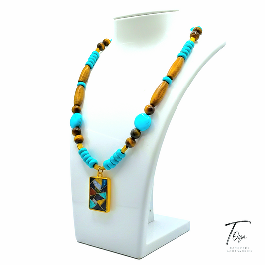 Tiger Eye, Turquoise and Wooden Beads with Resin Mosaic Pendant  Necklace for Women