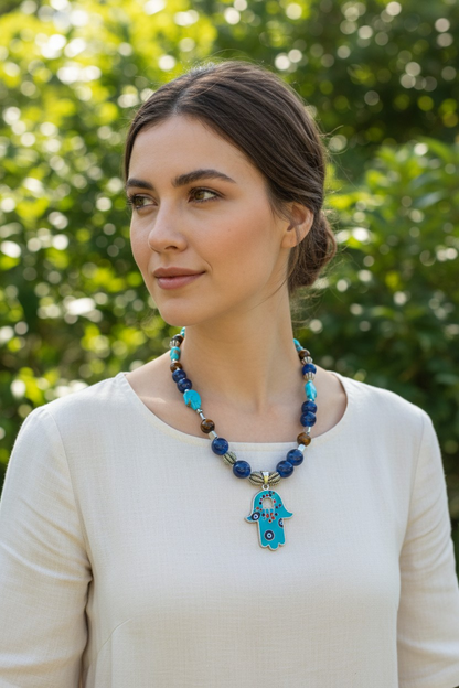 Oriental style Necklace of Alabaster, Tiger Eye, Turquoise, Hematite and Protective "Hamsa" charm Necklace for Women