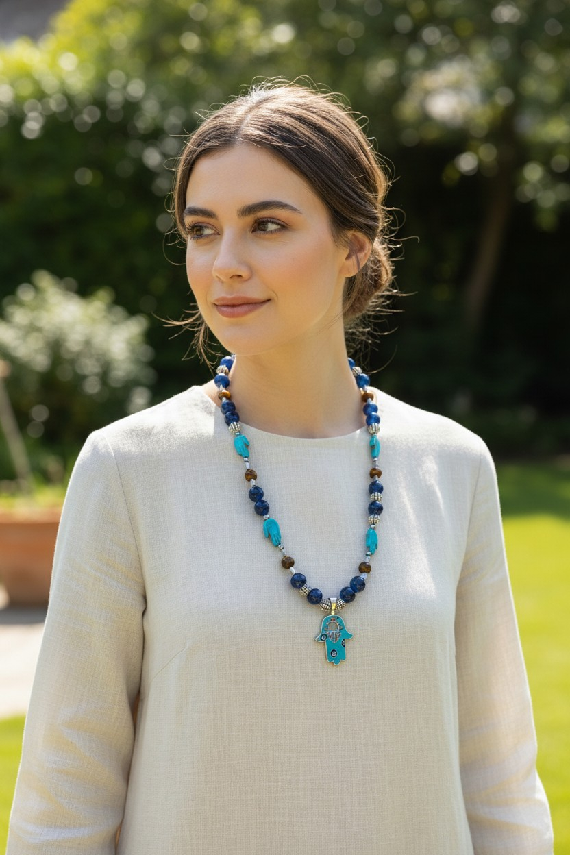 Oriental style Necklace of Alabaster, Tiger Eye, Turquoise, Hematite and Protective "Hamsa" charm Necklace for Women