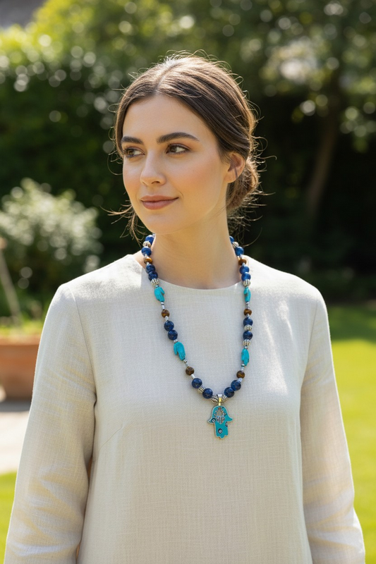 Oriental style Necklace of Alabaster, Tiger Eye, Turquoise, Hematite and Protective "Hamsa" charm Necklace for Women