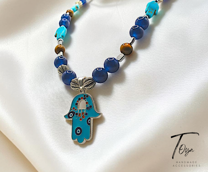 Oriental style Necklace of Alabaster, Tiger Eye, Turquoise, Hematite and Protective "Hamsa" charm Necklace for Women
