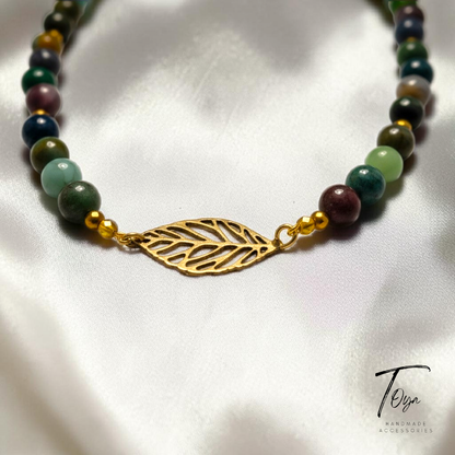 Luxury Agate African Boho color with Hematite Spacers and Metal Leaf charm Necklace for Women