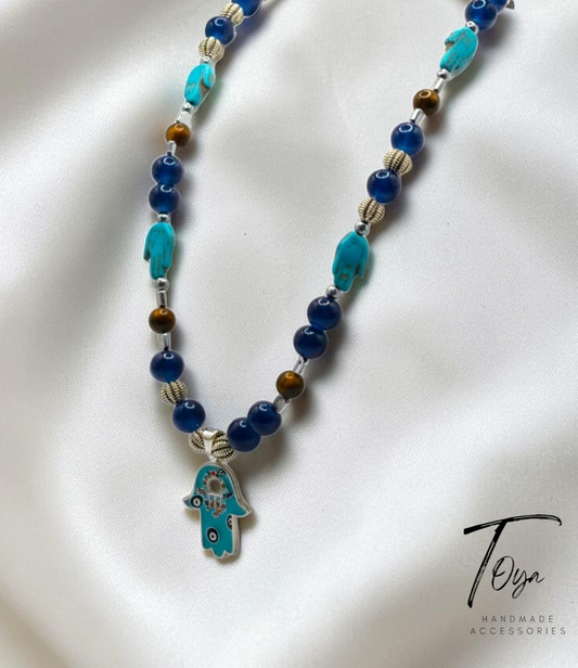 Oriental style Necklace of Alabaster, Tiger Eye, Turquoise, Hematite and Protective "Hamsa" charm Necklace for Women