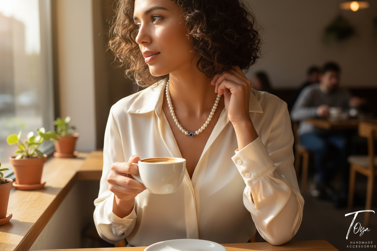 Classic Pearl with Evil Eye Charm Necklace for Women