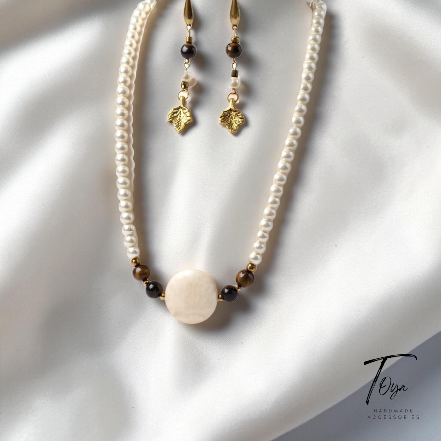 Classic Pearl, Tiger Eye and Sea shell charm Necklace and Earring Set for Women