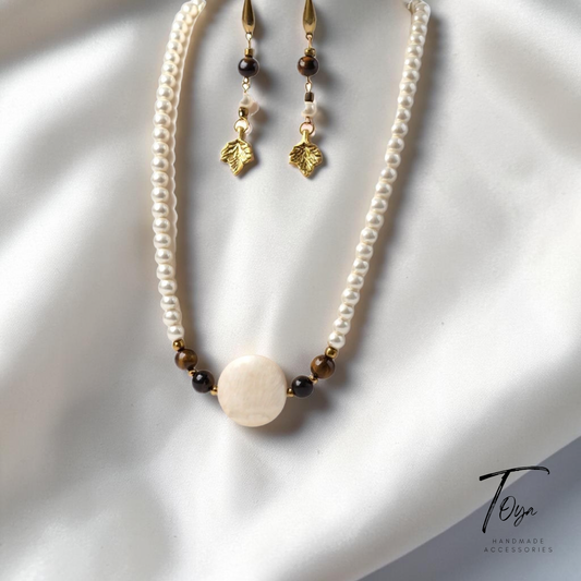 Classic Pearl, Tiger Eye and Sea shell charm Necklace and Earring Set for Women