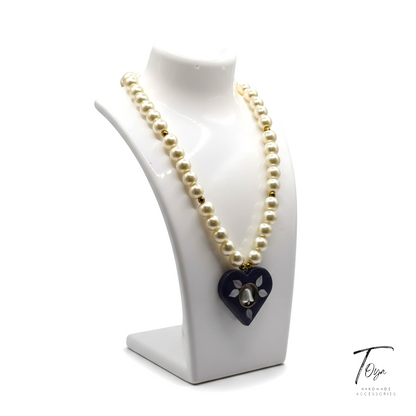 Luxury and Elegant Classic White Pearl and Navy Blue Resin Pendant with Lily Flower Necklace for Women