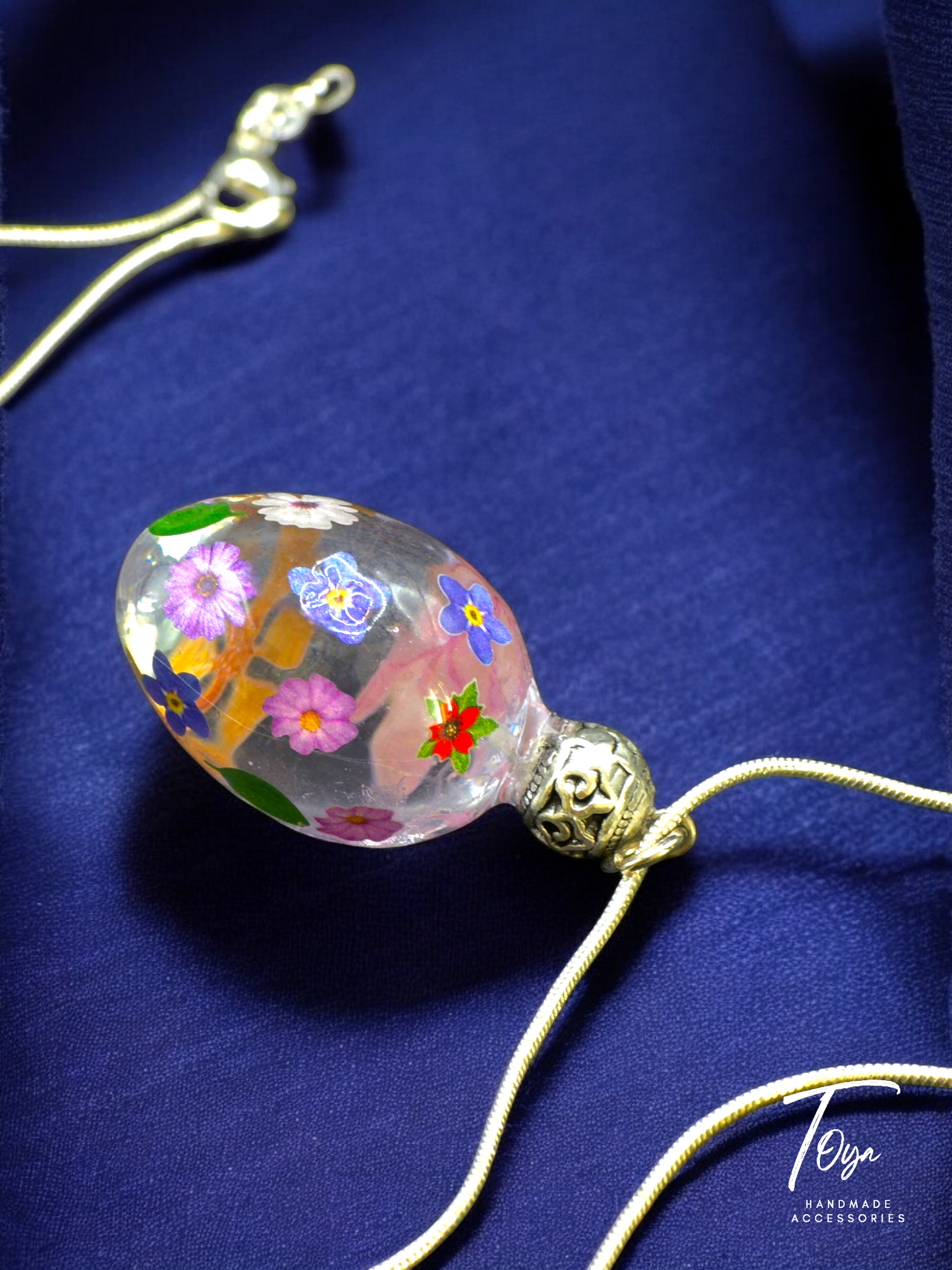 Sterling silver chain with Colorful Flowers Resin Pendnat Necklace for Women and Girls