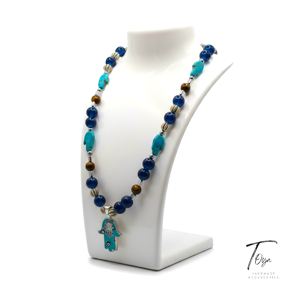 Oriental style Necklace of Alabaster, Tiger Eye, Turquoise, Hematite and Protective "Hamsa" charm Necklace for Women