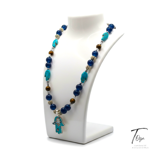 Oriental style Necklace of Alabaster, Tiger Eye, Turquoise, Hematite and Protective "Hamsa" charm Necklace for Women