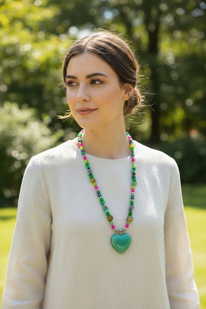 Broken Sea Shell and Alabaster with Heart Charm Necklace and Bracelet for Women