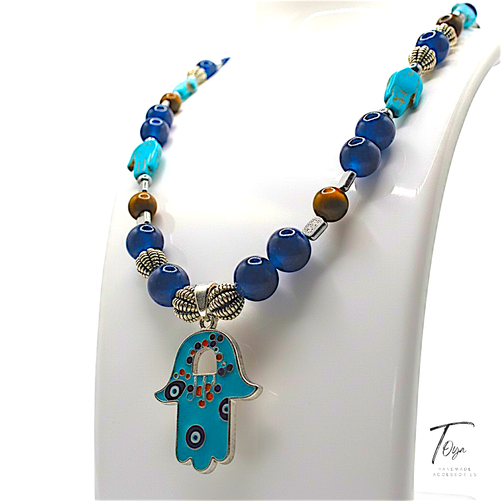 Oriental style Necklace of Alabaster, Tiger Eye, Turquoise, Hematite and Protective "Hamsa" charm Necklace for Women