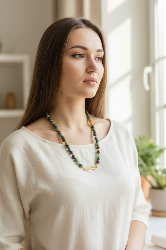 Luxury Agate African Boho color with Hematite Spacers and Metal Leaf charm Necklace for Women