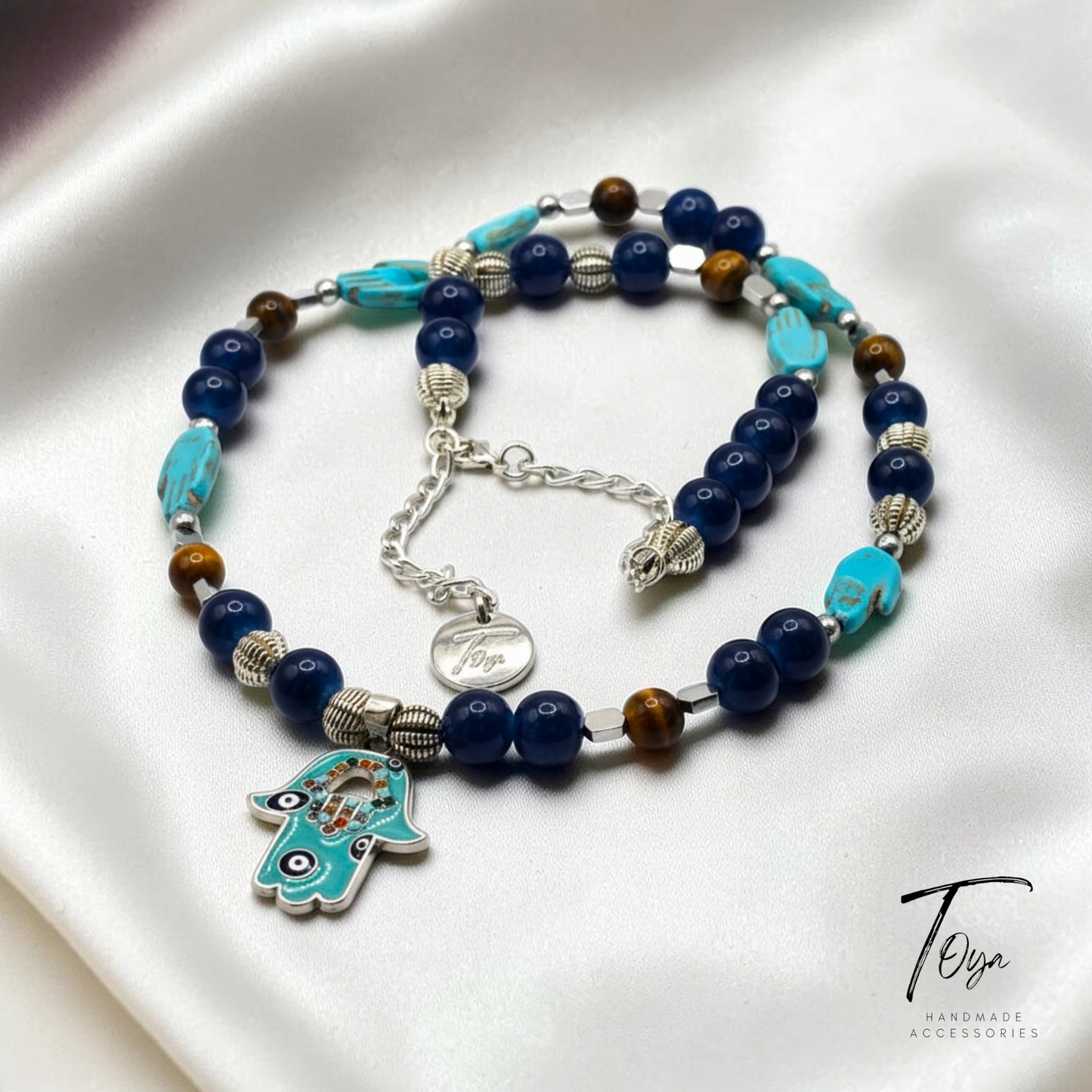 Oriental style Necklace of Alabaster, Tiger Eye, Turquoise, Hematite and Protective "Hamsa" charm Necklace for Women