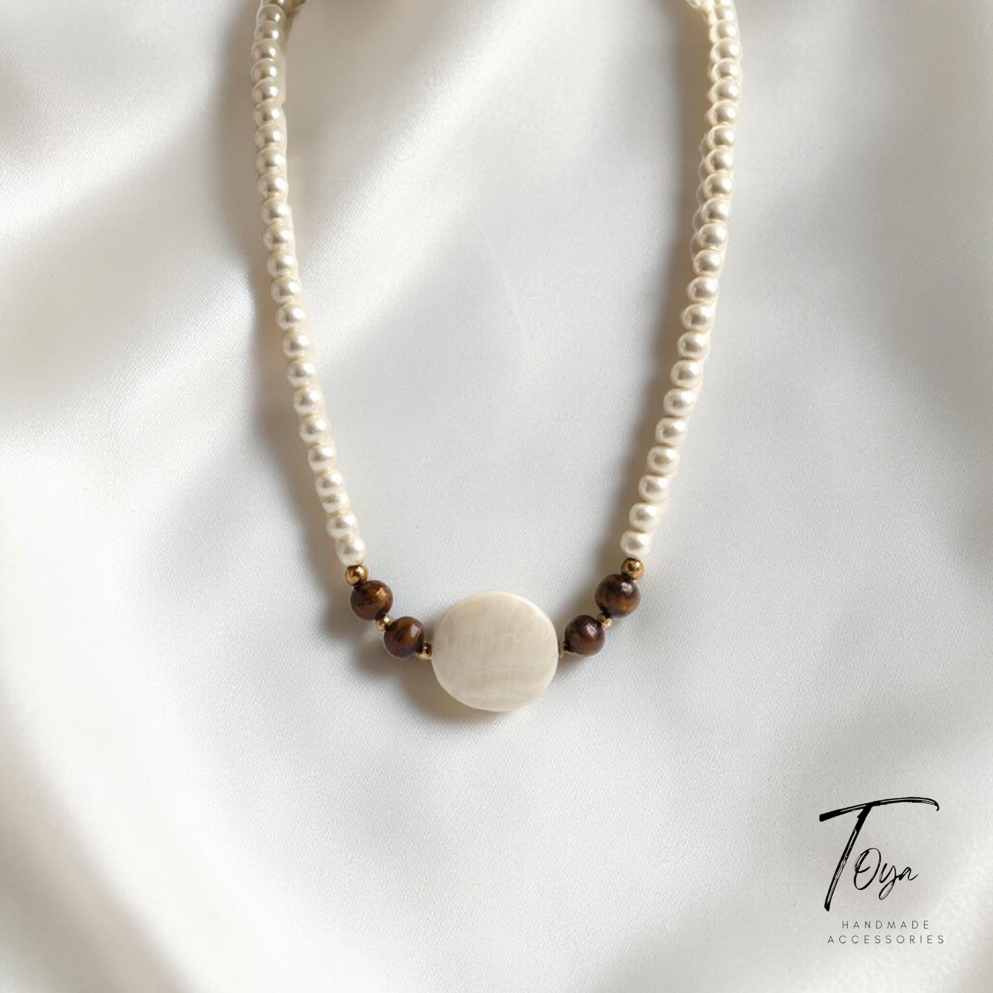 Classic Pearl, Tiger Eye and Sea shell charm Necklace and Earring Set for Women