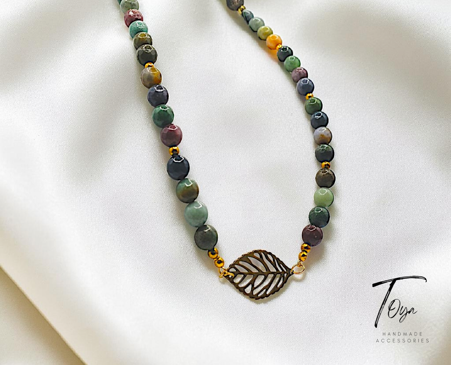 Luxury Agate African Boho color with Hematite Spacers and Metal Leaf charm Necklace for Women
