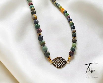 Luxury Agate African Boho color with Hematite Spacers and Metal Leaf charm Necklace for Women